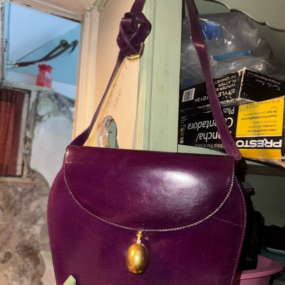 Albert Nipon Plum Leather Shoulder Bag with Gold Accent